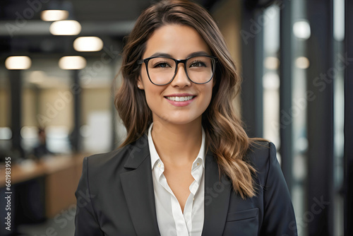 Asian business woman wearing formal suit at work. Young happy businesswoman wearing glasses. Business concept. Job Advertisement.