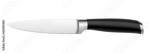 Chef's kitchen vegetable knife with black handle isolated on white background with clipping path. Knife with steel sharp blade. Top view. Kitchenware. Realistic 3D vector illustration. Mock up.