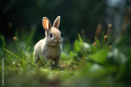 Kleines, junges, Kaninchen im Gras, niedlicher Hase, Generative AI, KI