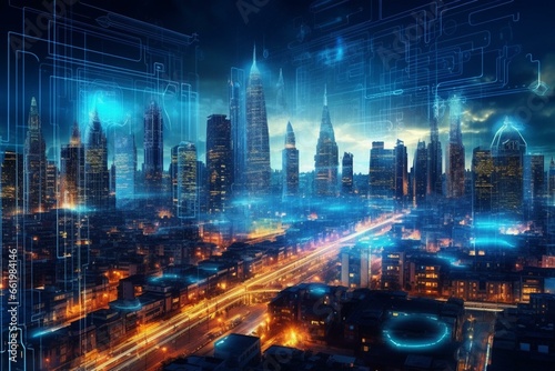 Futuristic cyberspace metropolis  protecting against hacking. Coding  technology  connectivity. Generative AI