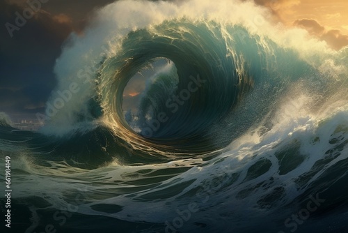 a massive ocean wave, a colossal tsunami on the open waters. sea backdrop. Generative AI