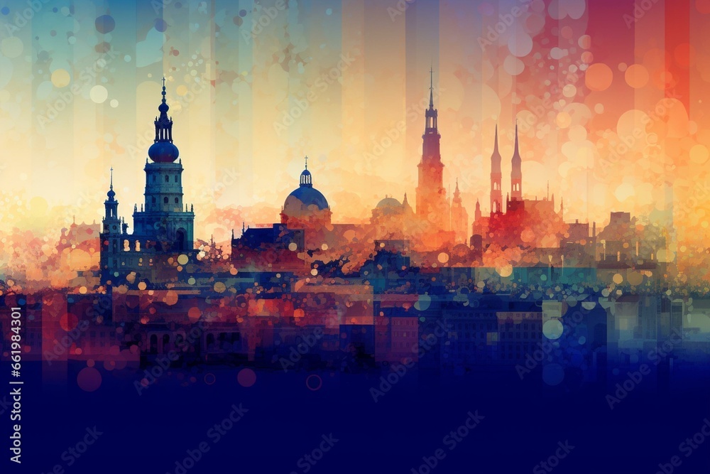 A multi-layered, gradient depiction of Mannheim's skyline showcasing various iconic landmarks. Generative AI