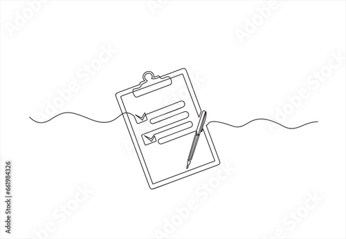Clipboard with checklist. Continuous line one drawing. Vector illustration. Simple line illustration.