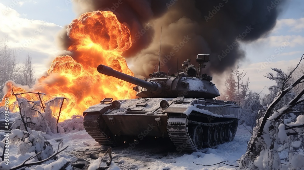 
Tank on a military mission in winter. Tank barrel. Infantrymen and tankers among the city and steppe. Dangerous military work. Concept: modern military transport.