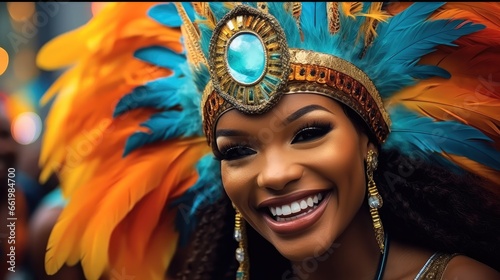 Portrait of woman celebrating and dancing at Brazilian carnival.