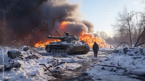  Tank on a military mission in winter. Tank barrel. Infantrymen and tankers among the city and steppe. Dangerous military work. Concept: modern military transport.