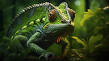 A close-up view reveals a green-colored chameleon in its natural habitat, blending seamlessly with the lush surroundings and showcasing its remarkable camouflage abilities. AI Generated.