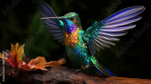 A close-up of a hummingbird offers a breathtaking view of the bird's delicate feathers, iridescent plumage, and vibrant colors, making it appear incredibly lifelike. AI Generated.