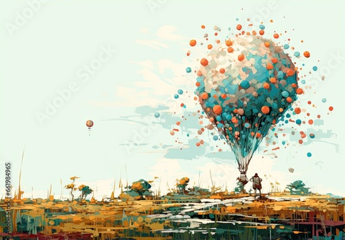 A bright hot air balloon flies over a beautiful landscape with plowed fields and forests on the horizon. The concept of motivation and inspiration for an active summer holiday. Illustration for design