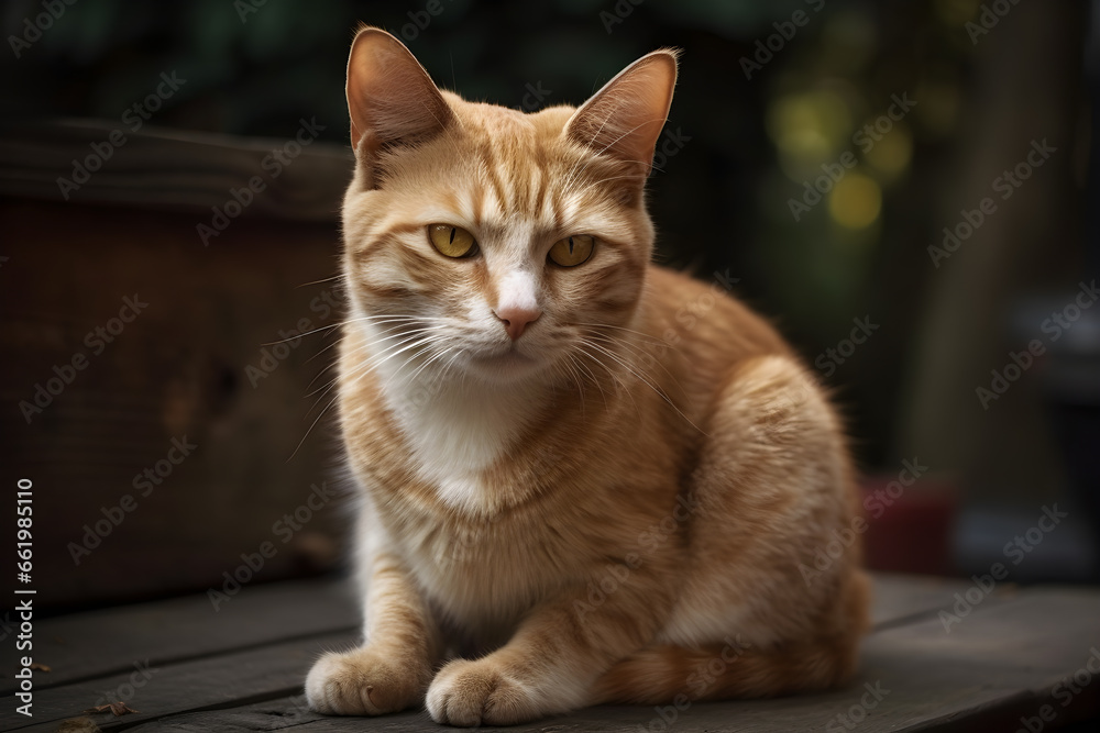 Light brown, faintly striped house cat crouched on a veranda with a blurred background.