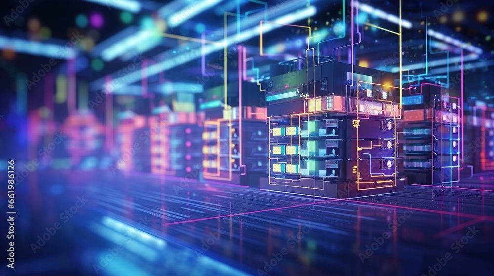 A data center or server room. A connected system of IT infrastructure, engineering infrastructure and equipment. Digital art illustration. Can be used for advertising, marketing or presentation. - obrazy, fototapety, plakaty 