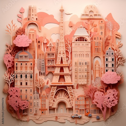 Peach color paris paper cutting craft eiffel tower image Ai generated art