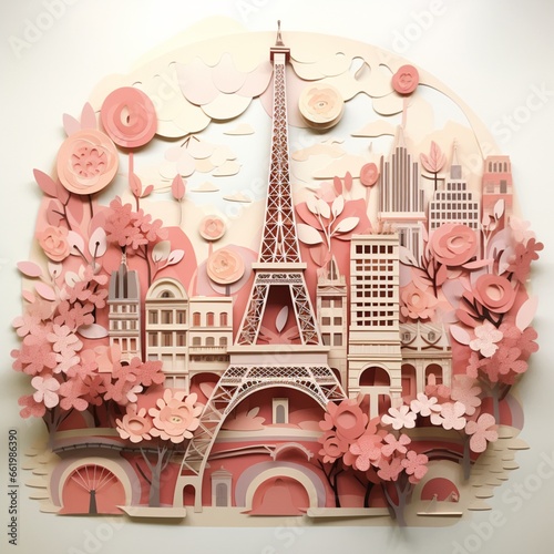 Peach color paris paper cutting craft eiffel tower image Ai generated art