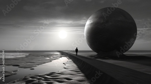 Canvas Print A huge sphere next to the path of a man walking through a surreal desert at night