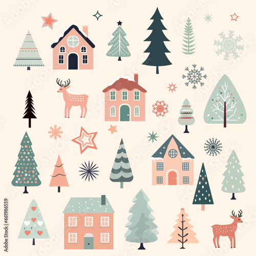 Set of Christmas illustrations in pastel colors