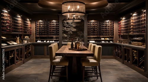 An artfully designed wine cellar with custom wine racks, a tasting table, and atmospheric lighting, perfect for wine connoisseurs.