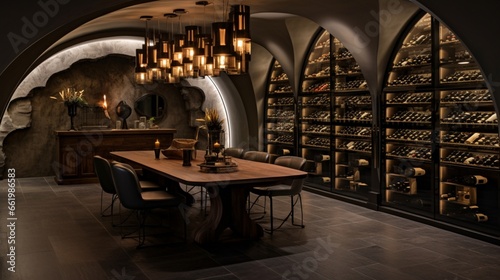An artfully designed wine cellar with custom wine racks, a tasting table, and atmospheric lighting, perfect for wine connoisseurs. © Bea