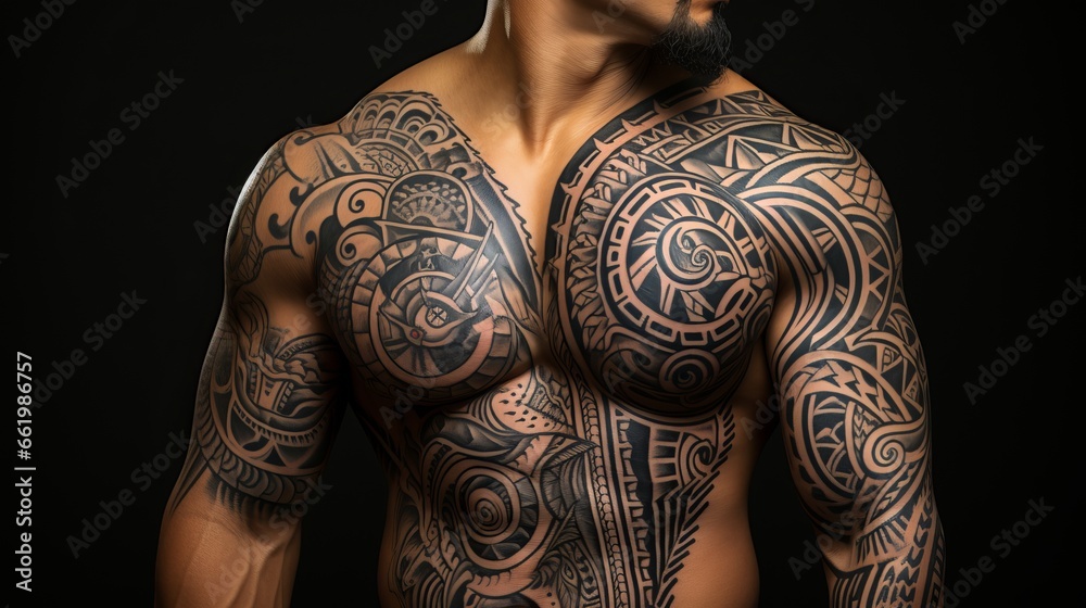 
Polynesian style tattoo on a man's muscular and athletic body. Patterns and designs on the body, skin painting.
