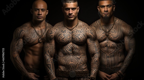  Polynesian style tattoo on a man's muscular and athletic body. Patterns and designs on the body, skin painting.