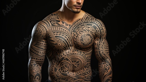  Polynesian style tattoo on a man's muscular and athletic body. Patterns and designs on the body, skin painting.