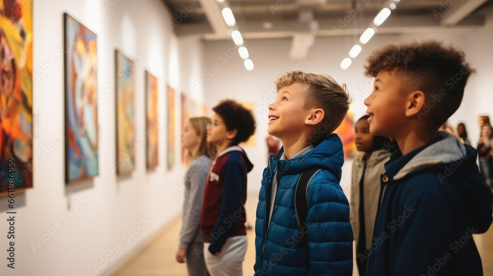 Schoolchildren enjoying classical art exhibition at art gallery. Schoolchildren enjoying classical art exhibition at art gallery.