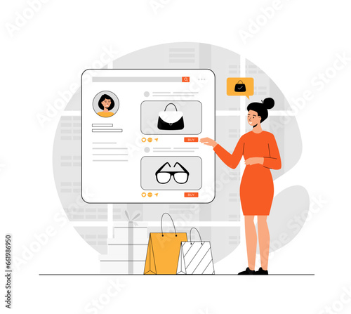 Shopping online. Woman ordering goods at store webpage and making bargain purchases. Illustration with people scene in flat design for website and mobile development.