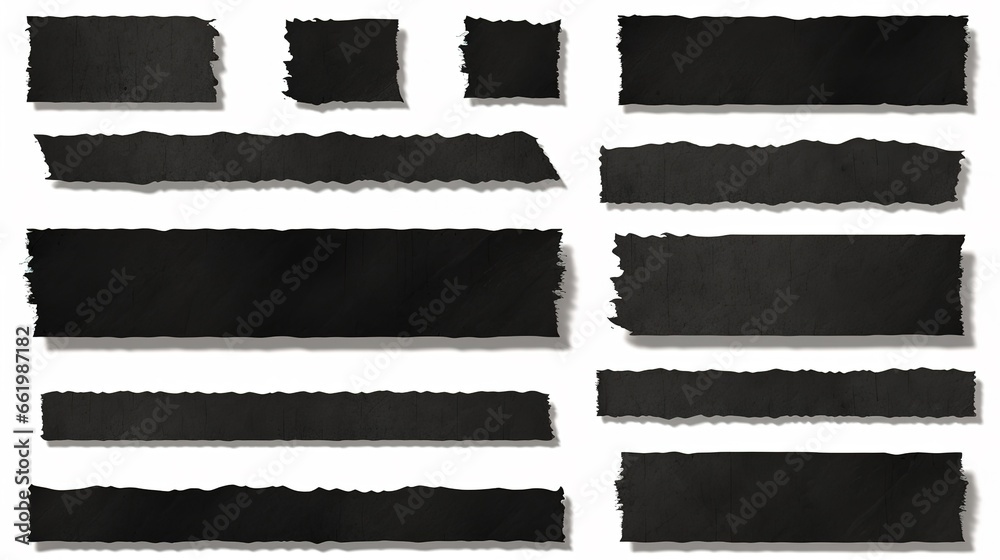 collection of black torn textured paper strips, cut vintage collage design elements