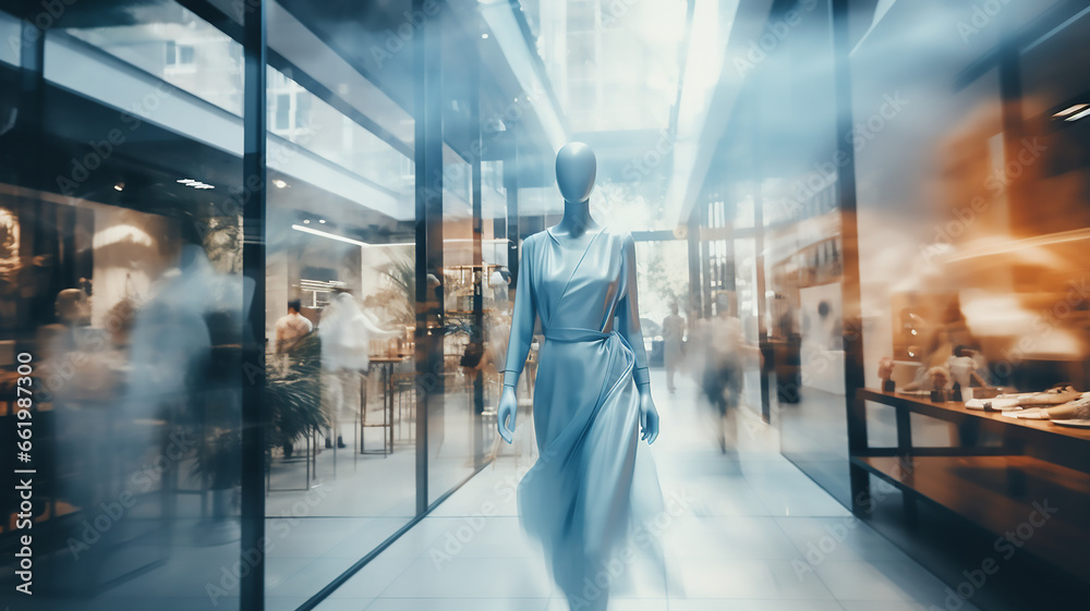Blurred background of a modern shopping mall with mannequins in fashion shopfront. Abstract motion blurred outlet, Generative AI