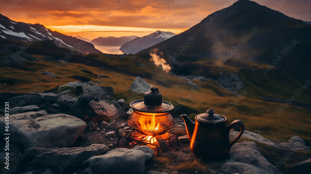 Camp fire and tea pot, tent and mountains in the background at sunset, Generative AI - obrazy, fototapety, plakaty 