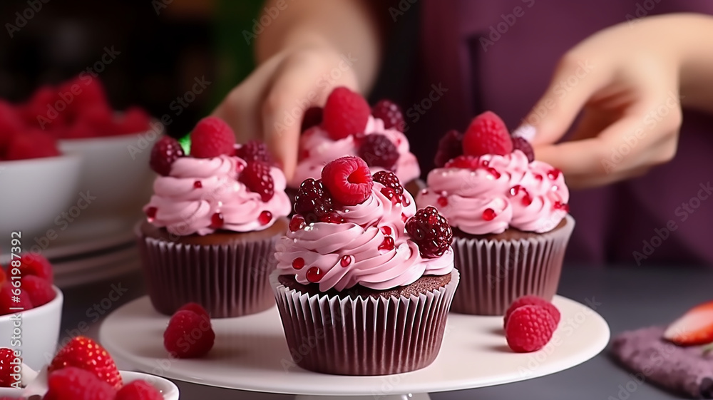 Women's hands of a confectioner, decorating cupcakes with raspberries. Pastry chef decorates the muffins with fresh berries, Generative AI