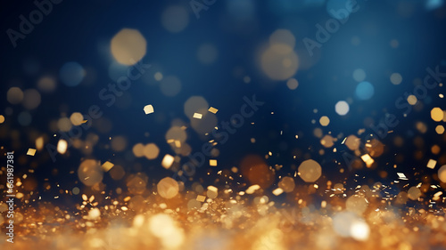 Abstract background with Dark blue and gold particle. Christmas Golden light shine particles bokeh on navy blue background, Generative AI