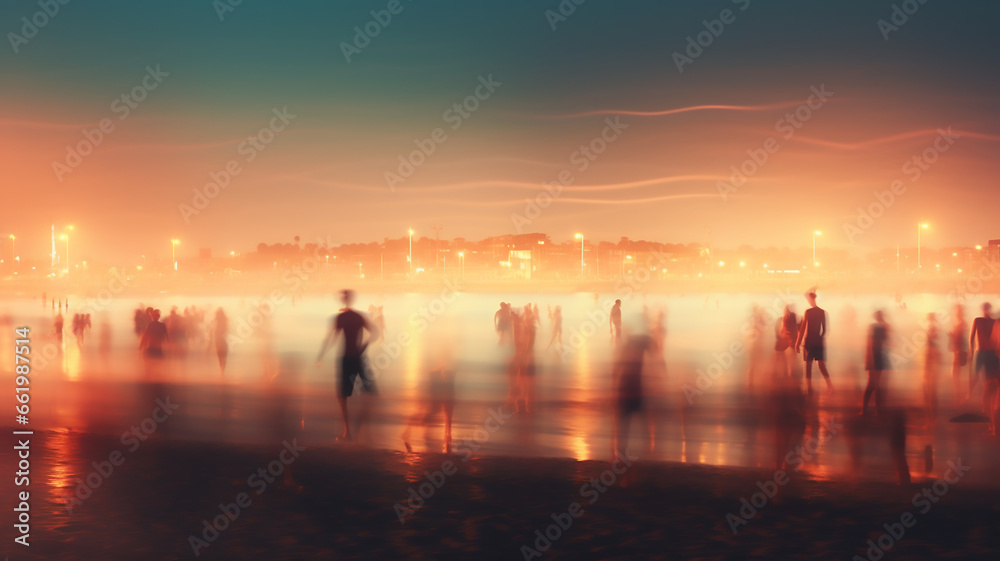 Obraz premium Blurred people having night beach party in summer vacation, Generative AI 
