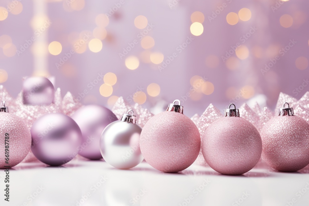 Christmas background with pink and silver baubles on bokeh background, Ai Generated