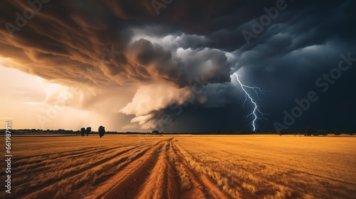 A thunderstorm, its powerful bolts of lightning piercing the sky, casting a stark contrast over a vast open field below. The image captures the raw energy and majesty of nature. photo