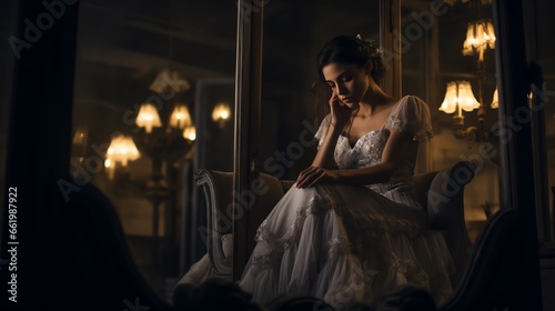 A distressed bride, in her radiant wedding gown, sitting in solitude in a dimly lit room. This scene speaks volumes about the complexities of emotions, even on what's meant to be the happiest day.