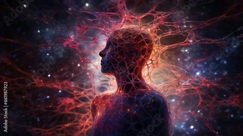 A human silhouette set against a complex web of interconnected neural pathways, symbolizing the intricate nature of human emotions and cognition.