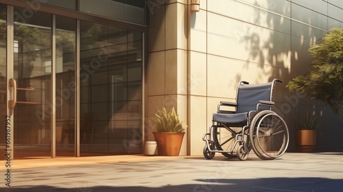 An empty wheelchair next to an inaccessible building entrance, highlighting disability rights. photo