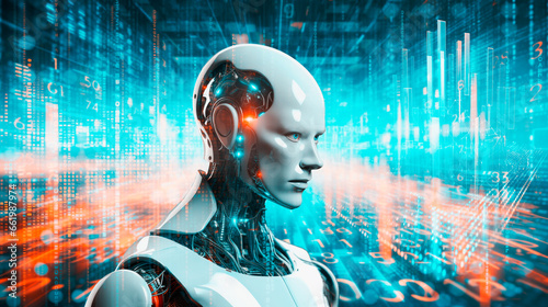 humanoid white robot reading big data hologram background 