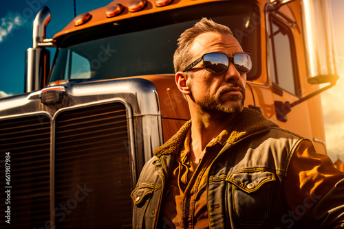 Handsome European truck driver on the background of a truck on the road. The profession of truck driver.
