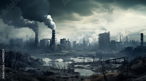 An industrial area with billowing smokestacks and polluted air, illustrating the sources of air pollution.
