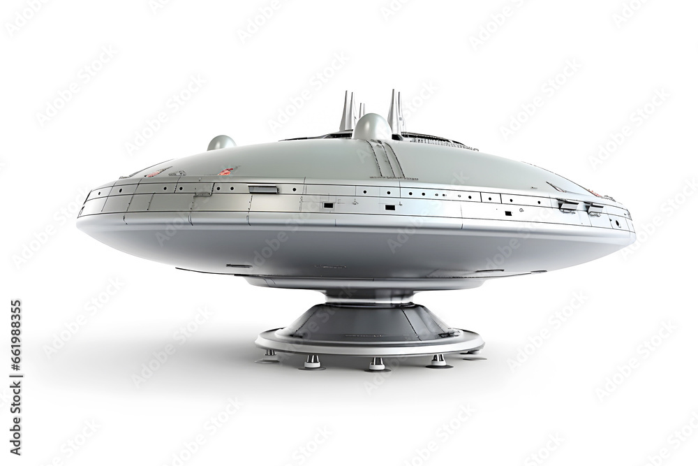 UFO alien spaceship made of silver metal isolated on a white background.