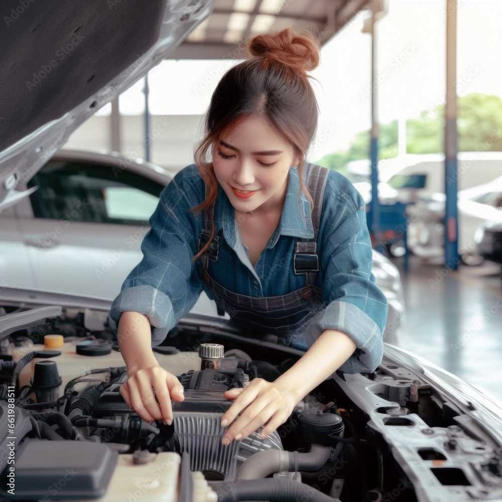 Woman mechanic checking car engine in shop Woman mechanic checking car engine in shop