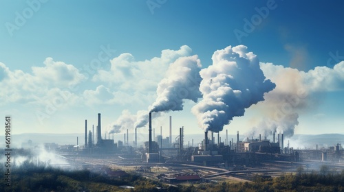 An industrial plant emitting smoke against a backdrop of clear blue skies, highlighting the contrast between clean and polluted air.
