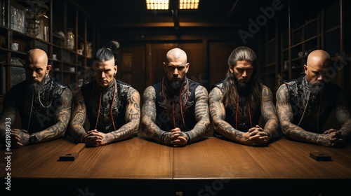A man with yakuza style tattoos. dangerous people, concept: mafia and criminal gangs in Japan. photo