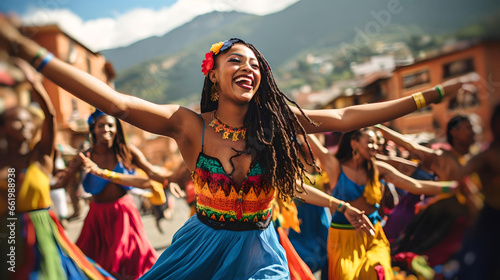 Colombian woman dancing at street carnival, Cartagena, Colombia, Latin American culture, Caribbean life, local tradition