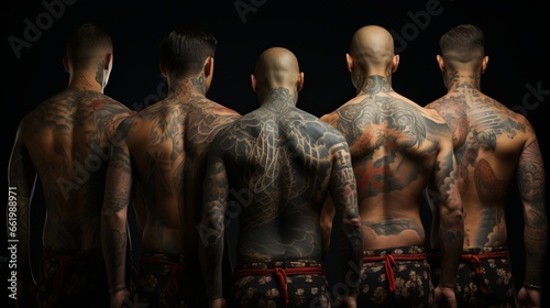 A man with yakuza style tattoos. dangerous people, concept: mafia and criminal gangs in Japan. photo