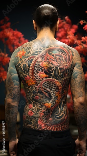 A man with yakuza style tattoos. dangerous people, concept: mafia and criminal gangs in Japan.