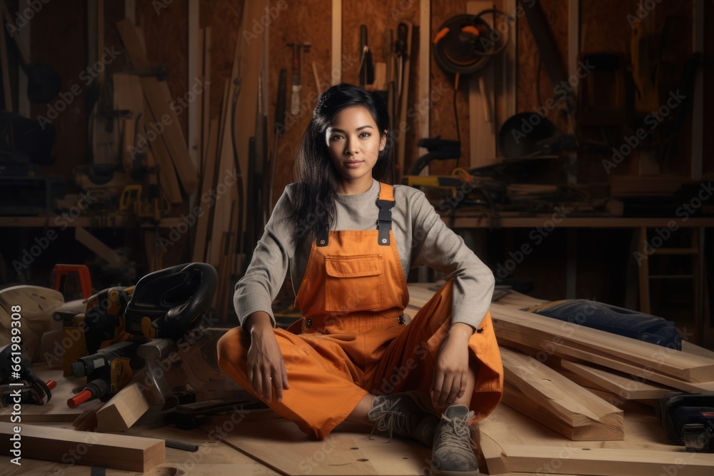 Asian Female Carpenter Job Attractive Backdrop Generative AI