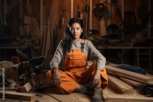 Asian Female Carpenter Job Attractive Backdrop Generative AI