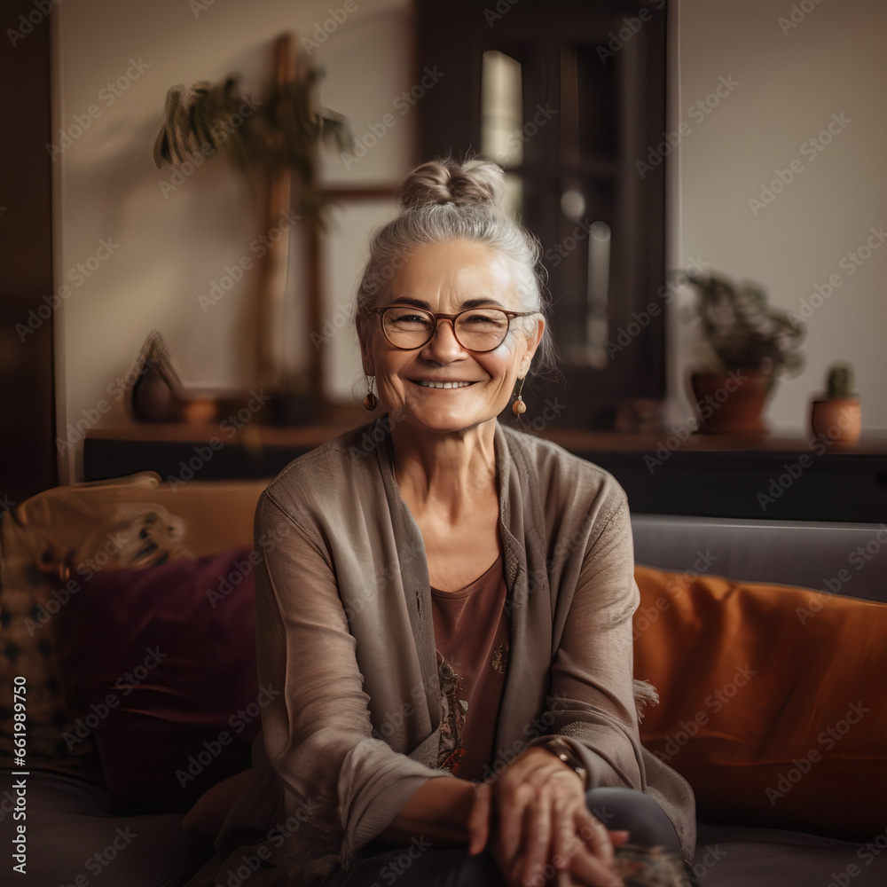 Cute senior woman with gray hair and glasses, smiling and sitting on her sofa at home, grandmother Cute senior woman with gray hair and glasses, smiling and sitting on her sofa at home, grandmother
